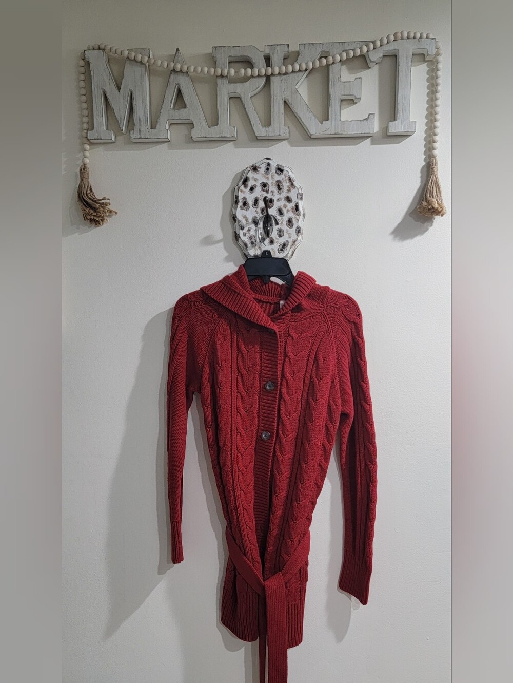 Cable-Knit Shawl Collar Cardigan with Belt - Red